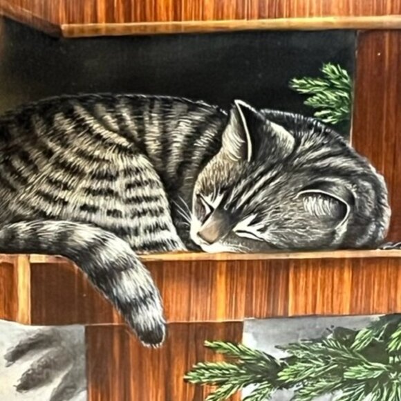 Vintage Cat in bird house Comical Painting on wood plaque wall decor cat lovers - Picture 2 of 5